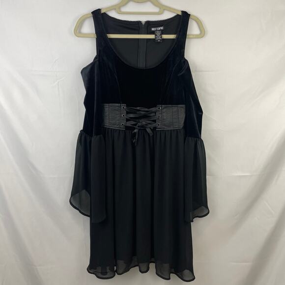 Hot Topic Black Velvet Bell Sleeve Cold Shoulder Dress Corset Faux Leather Small - Picture 4 of 12